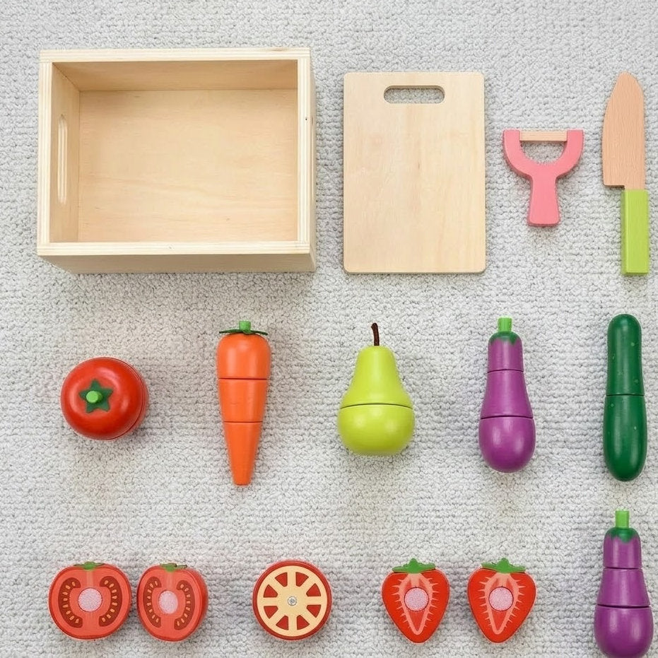 Ivokio® Wooden Cutting Fruit and Vegetable Play Food Set for Kids - Montessori Kitchen Toy with Wooden Knife & Storage Crate - Educational Toddler Gift