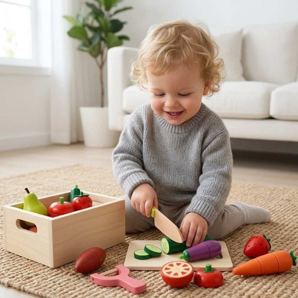 Ivokio® Wooden Cutting Fruit and Vegetable Play Food Set for Kids - Montessori Kitchen Toy with Wooden Knife & Storage Crate - Educational Toddler Gift