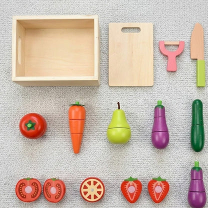 Ivokio® Wooden Cutting Fruit and Vegetable Play Food Set for Kids - Montessori Kitchen Toy with Wooden Knife & Storage Crate - Educational Toddler Gift