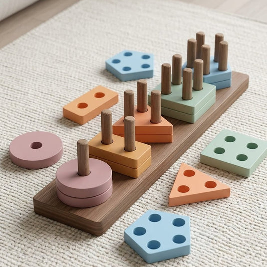 Ivokio® Wooden Shape Sorter & Stacking Toy - Montessori Educational Color Recognition Geometric Blocks for Toddlers