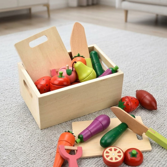 Ivokio® Wooden Cutting Fruit and Vegetable Play Food Set for Kids - Montessori Kitchen Toy with Wooden Knife & Storage Crate - Educational Toddler Gift