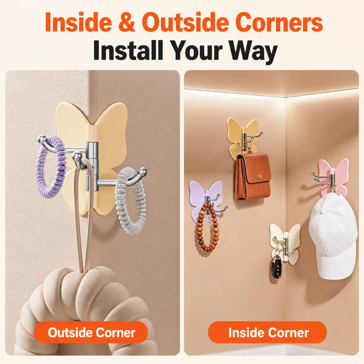 🦋 Ivokio® Rotating Butterfly Triple Hook—Adjustable for Flat Walls & Corners